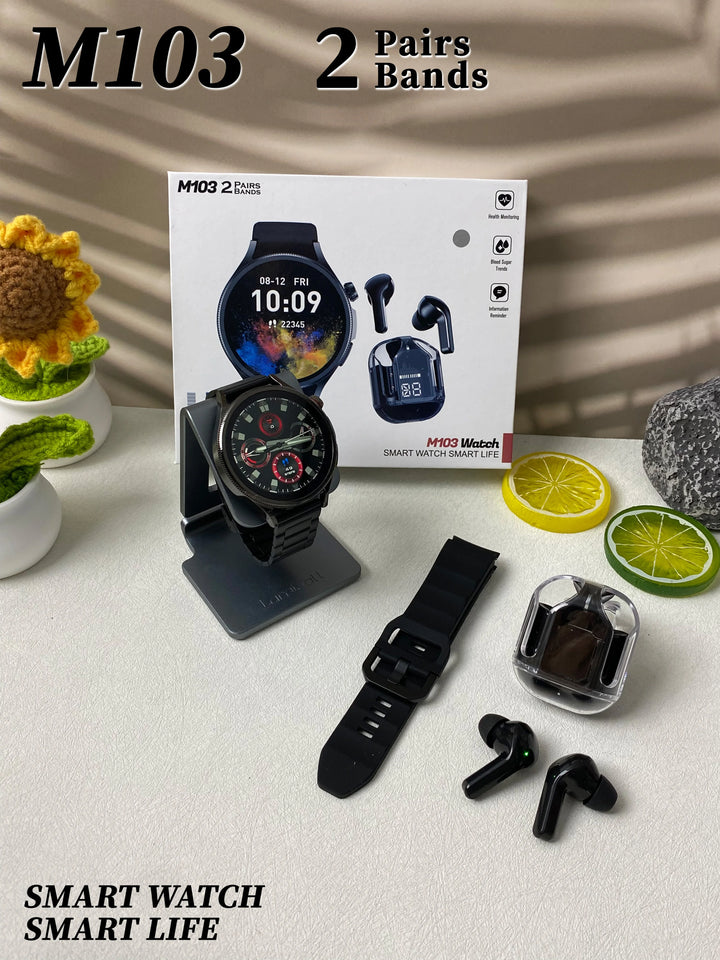 2024 latest M103 smartwatch monitoring men women fitness monitor 1.5'' round smart watch with earbuds and double straps