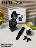 2024 latest M103 smartwatch monitoring men women fitness monitor 1.5'' round smart watch with earbuds and double straps