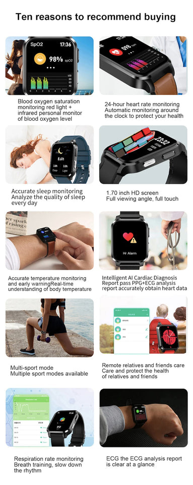 2022 Latest online smart watch wearable device  PPG AI medical diagnosis health care  prsessure oxygen band smartwatches