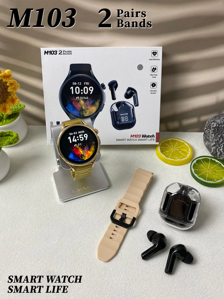 2024 latest M103 smartwatch monitoring men women fitness monitor 1.5'' round smart watch with earbuds and double straps