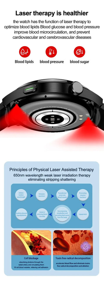 2024 Latest Health Smart Watch F320 with Laser Therapy Phone Call Blood Glucose Uric Acid and Lipid Monitoring Health Watch